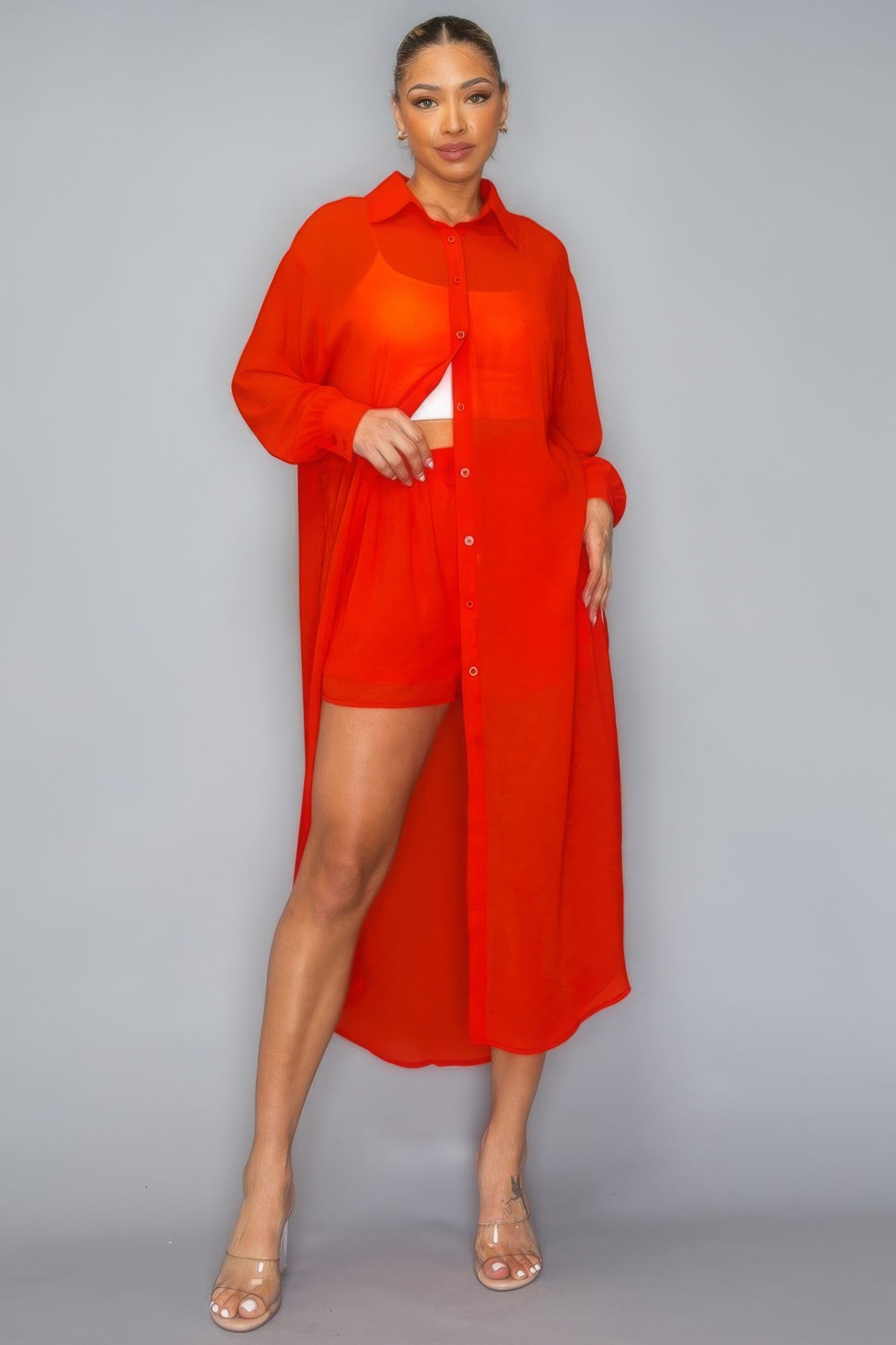 Stacey B's Chiffon Button Down Long Sleeve Side Slit Long Top With Short Set