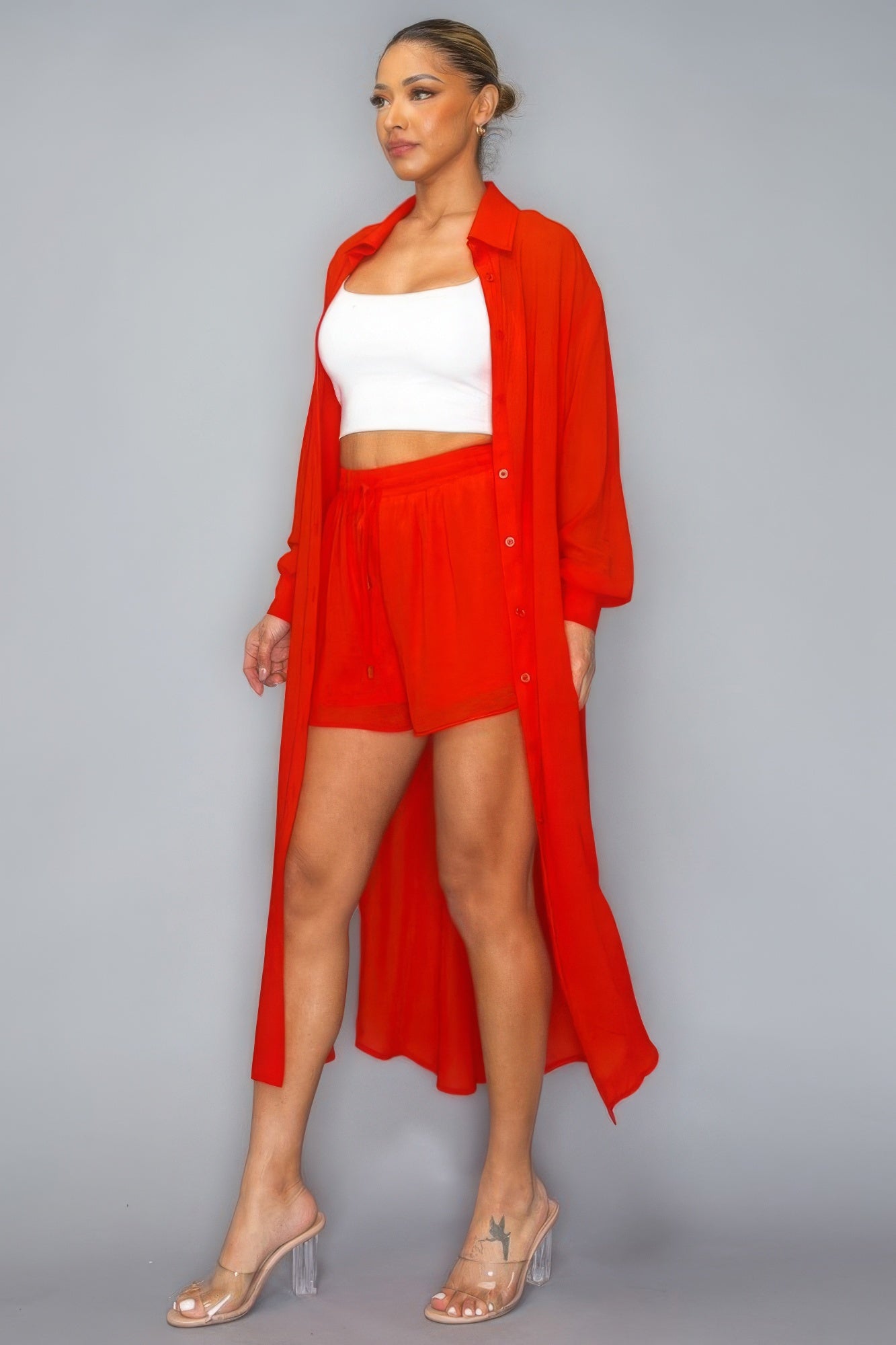 Stacey B's Chiffon Button Down Long Sleeve Side Slit Long Top With Short Set