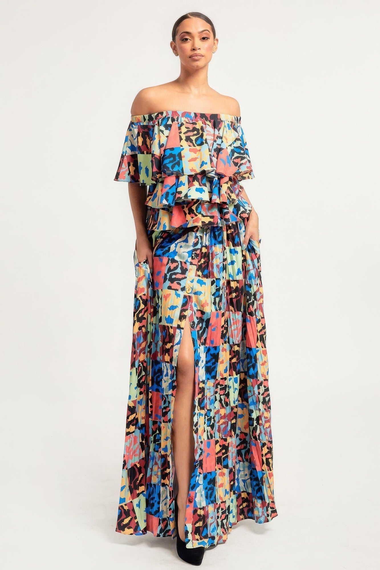 Stacey B's Printed Ruffle Top And Pleated Skirt Set