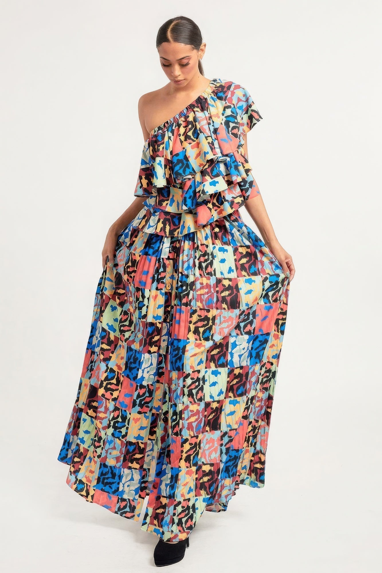 Stacey B's Printed Ruffle Top And Pleated Skirt Set