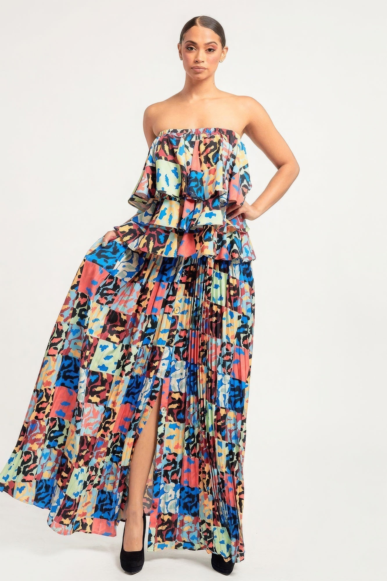 Stacey B's Printed Ruffle Top And Pleated Skirt Set