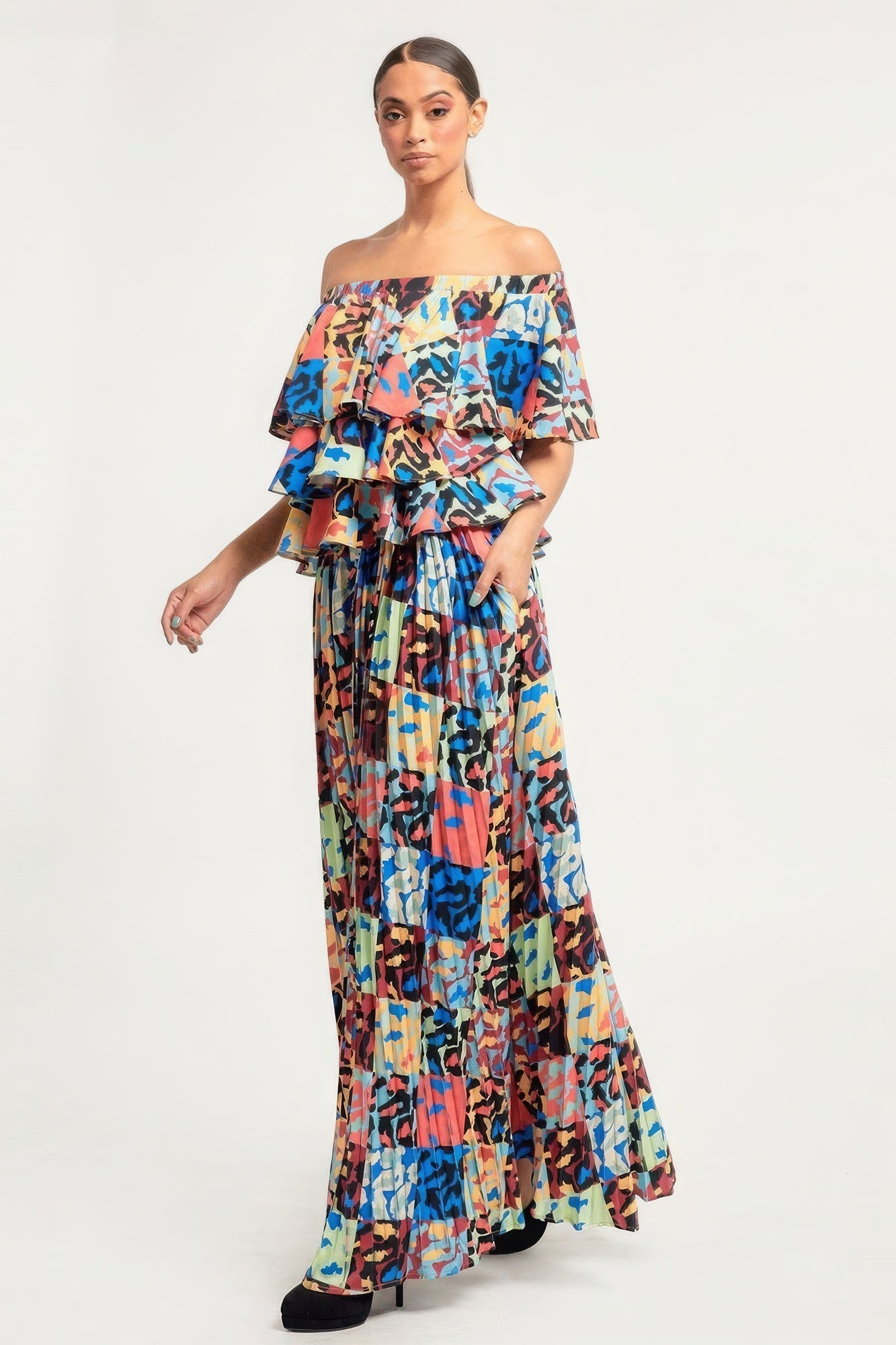 Stacey B's Printed Ruffle Top And Pleated Skirt Set