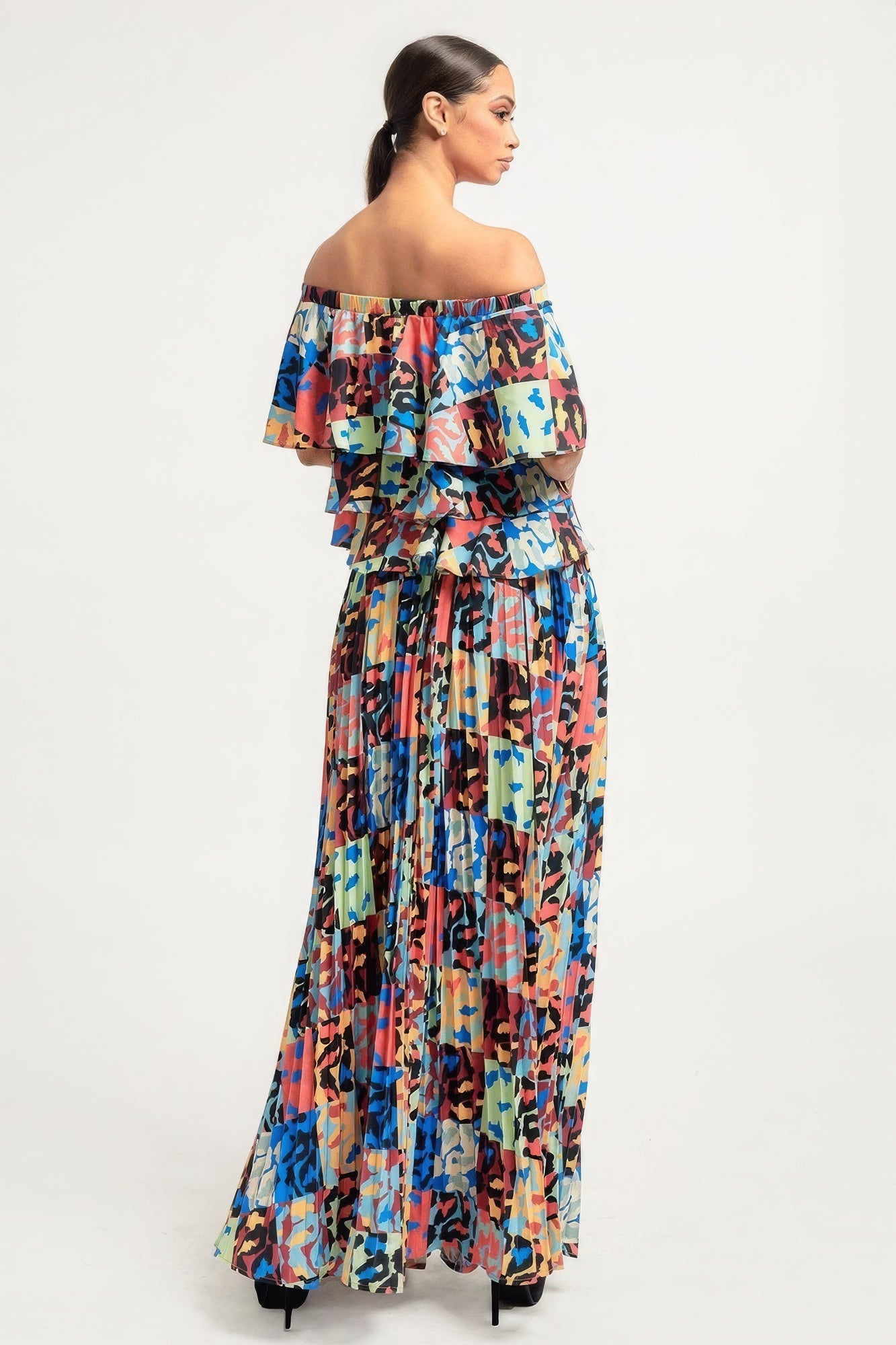 Stacey B's Printed Ruffle Top And Pleated Skirt Set