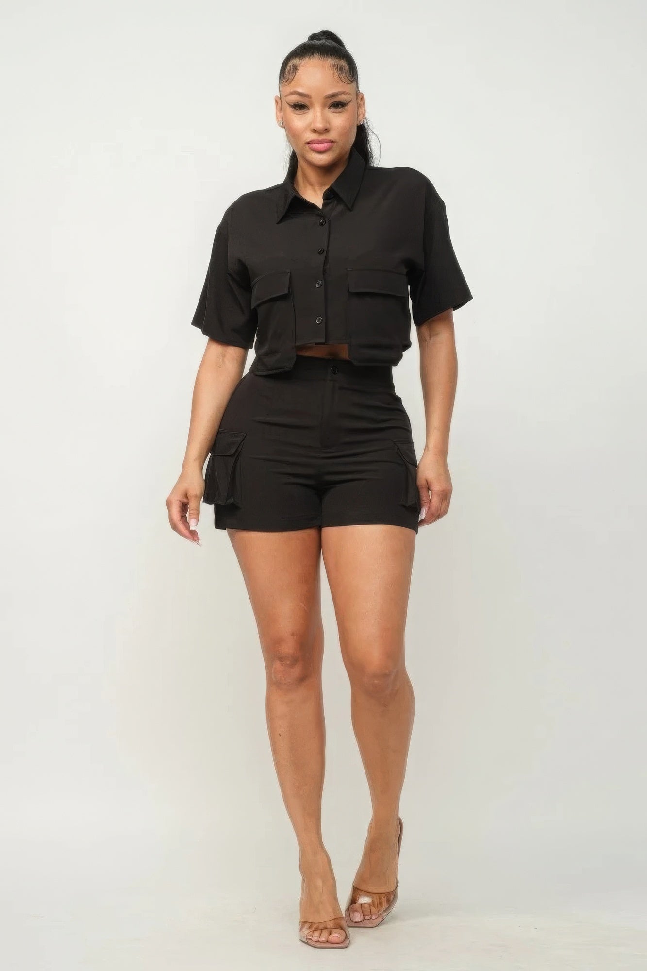 Stacey B's Front Button Down Side Pockets Top And Shorts Set