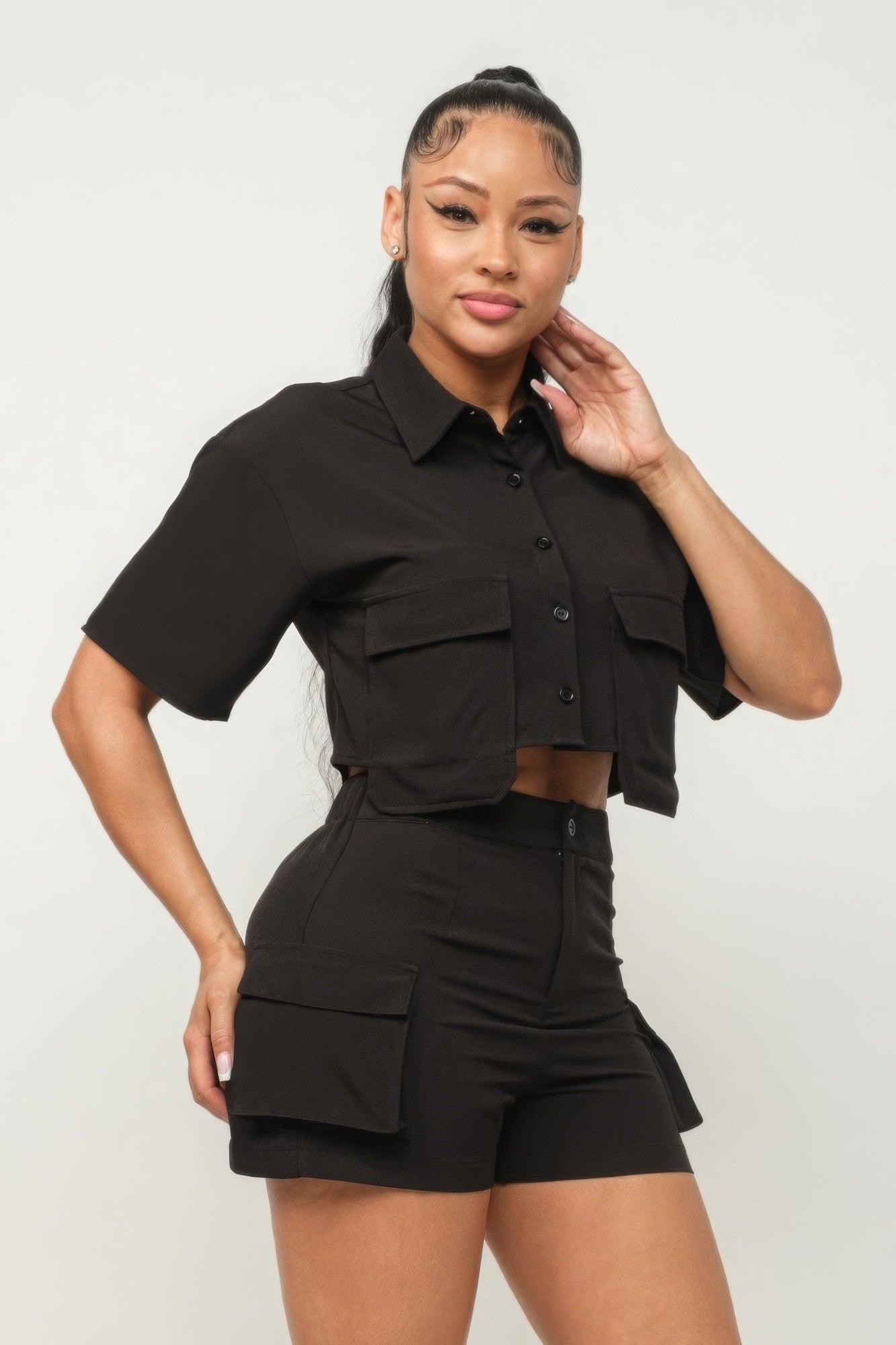 Stacey B's Front Button Down Side Pockets Top And Shorts Set