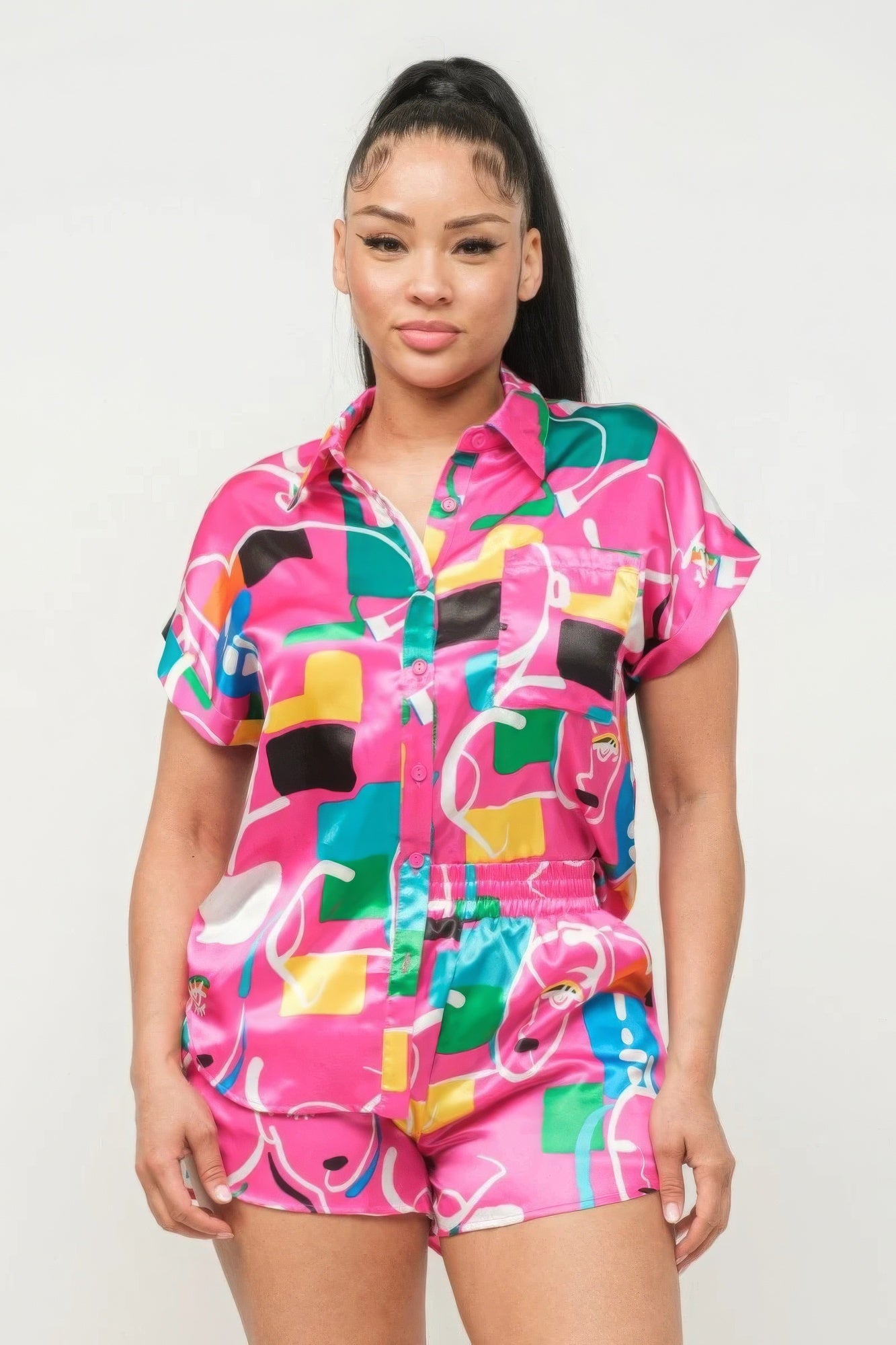 Stacey B's Satin Dolman Print Button Down Top And Shorts Set