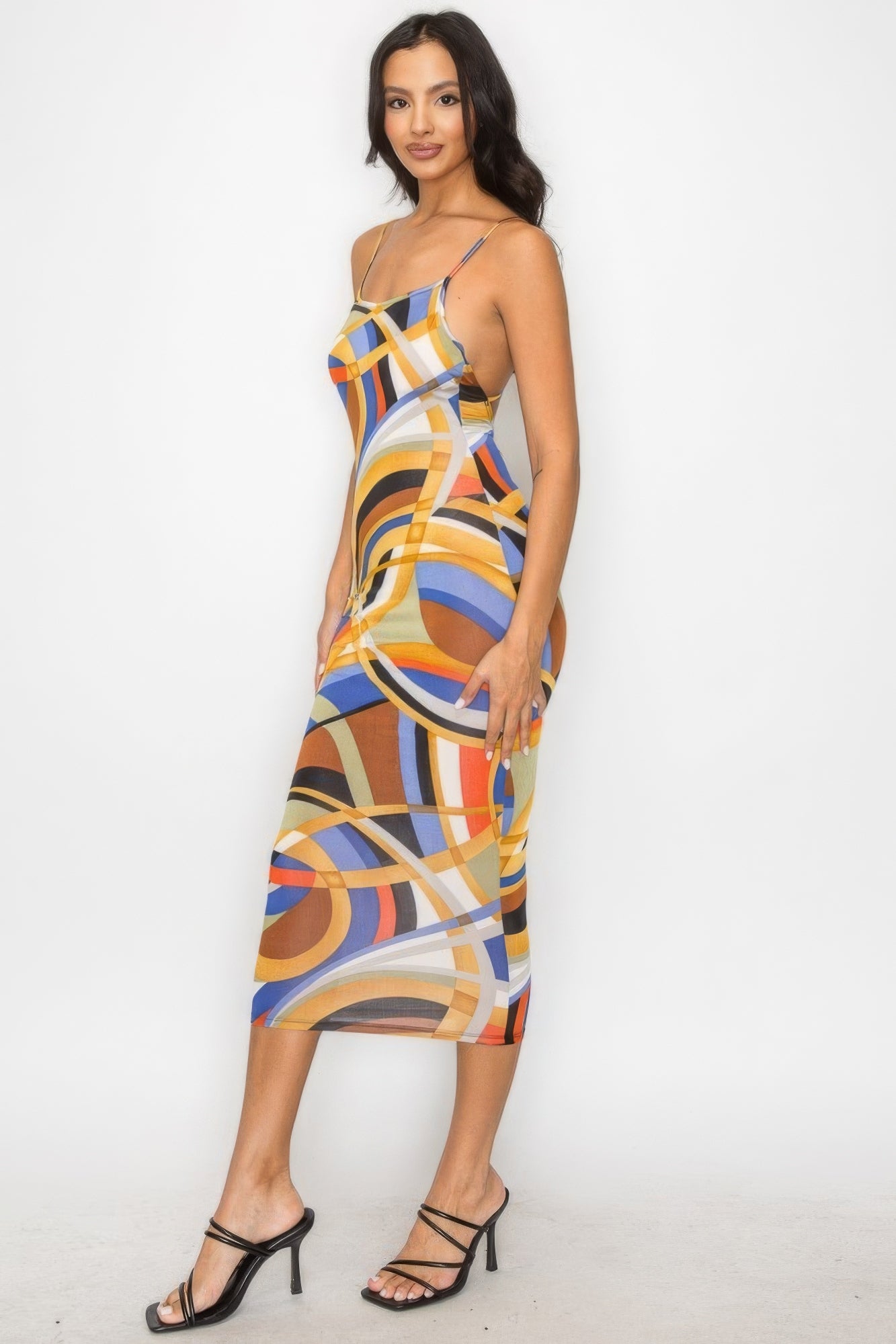 Stacey B's Crossed Back Marble Print Multicolor Midi Dress