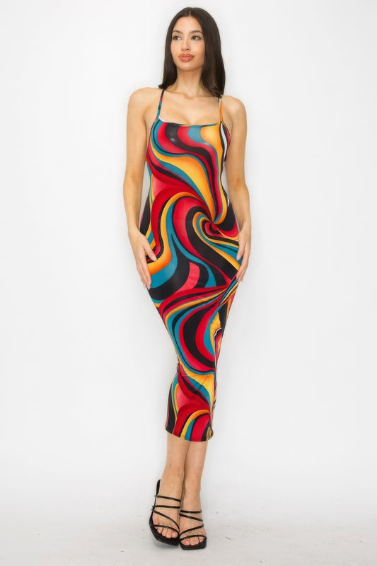 Stacey B's Crossed Back Marble Print Multicolor Midi Dress