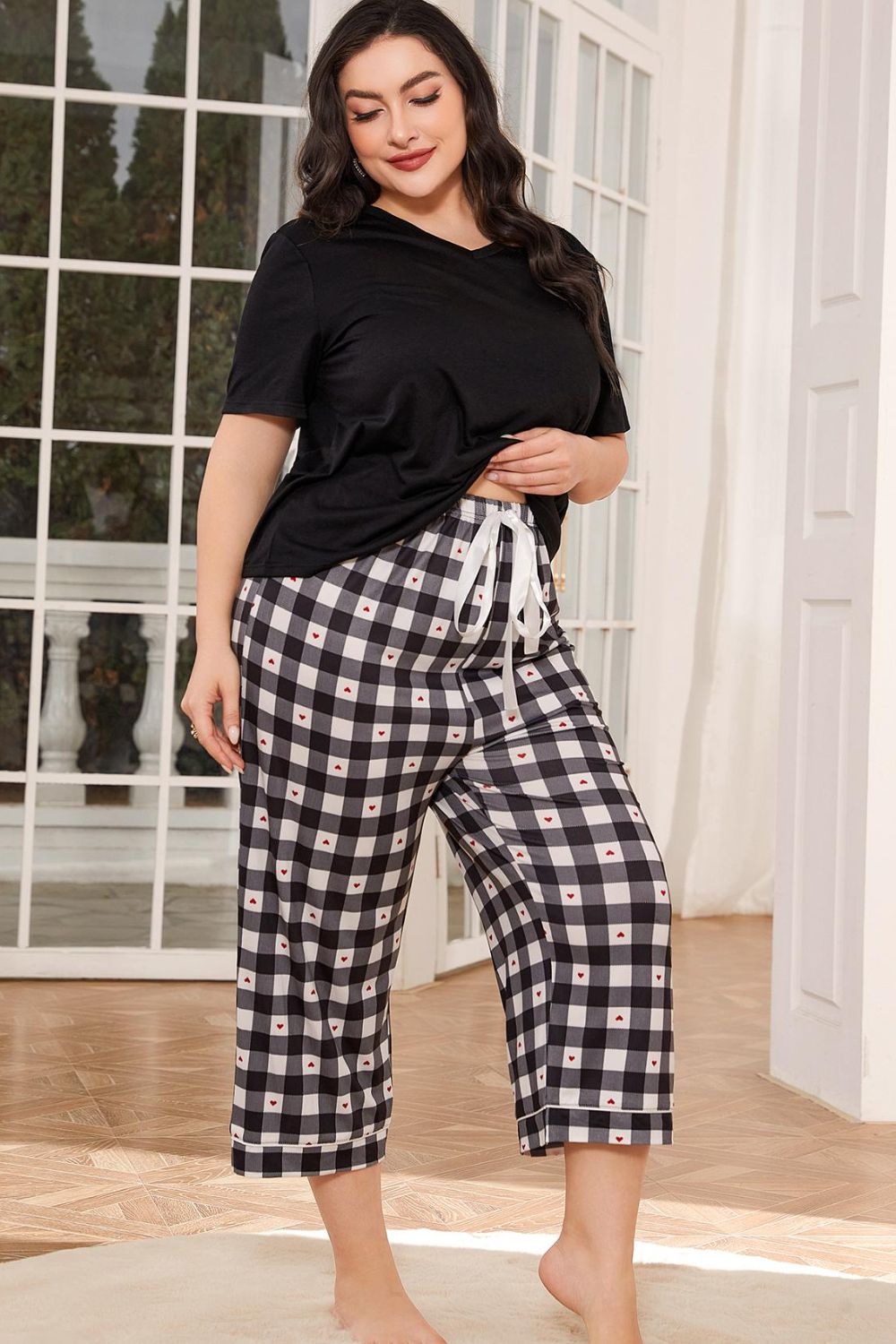 Stacey B's V-Neck Tee and Plaid Cropped Pants Lounge Set