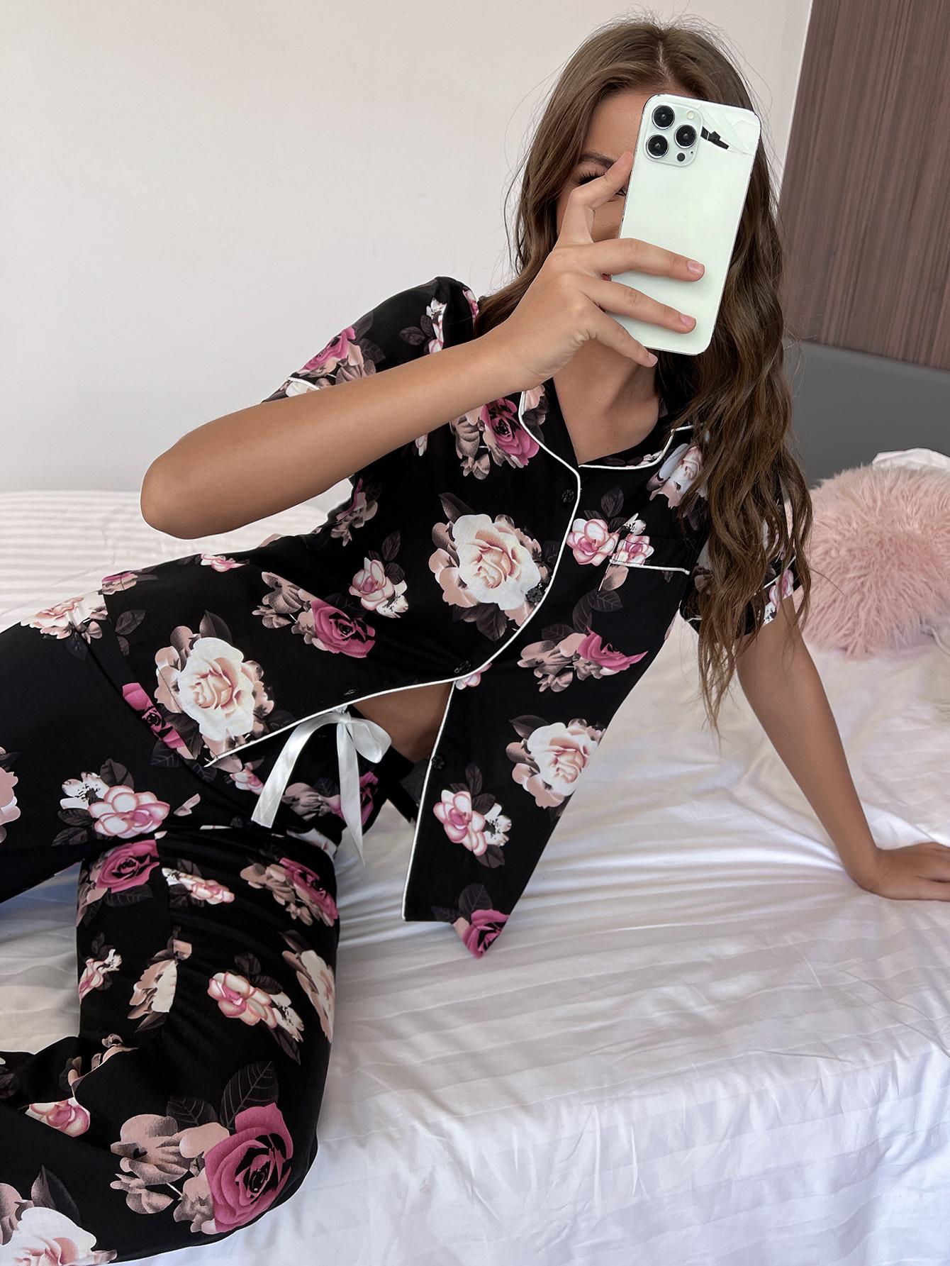 Stacey B's Floral Short Sleeve Shirt and Pants Lounge Set