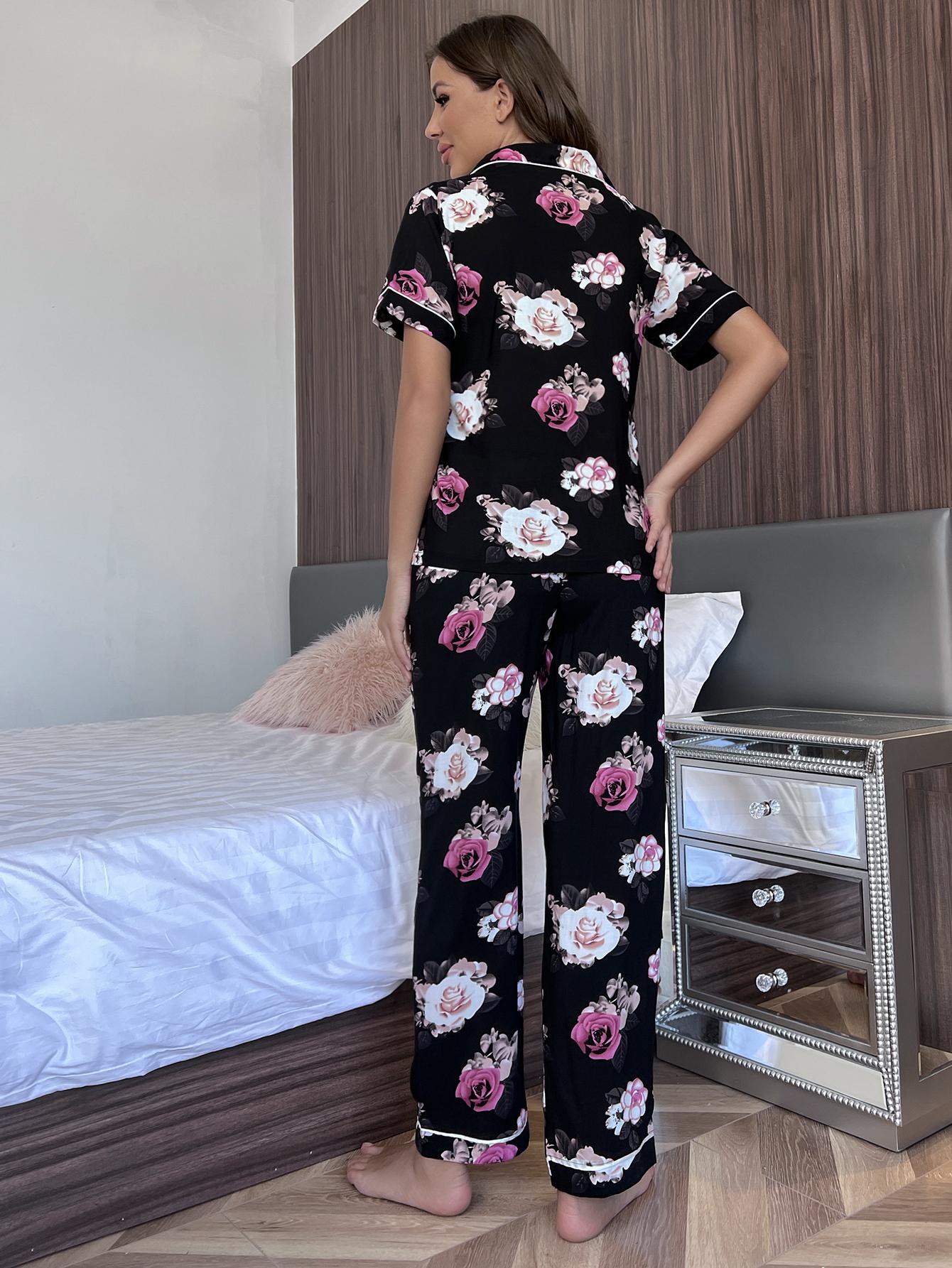 Stacey B's Floral Short Sleeve Shirt and Pants Lounge Set