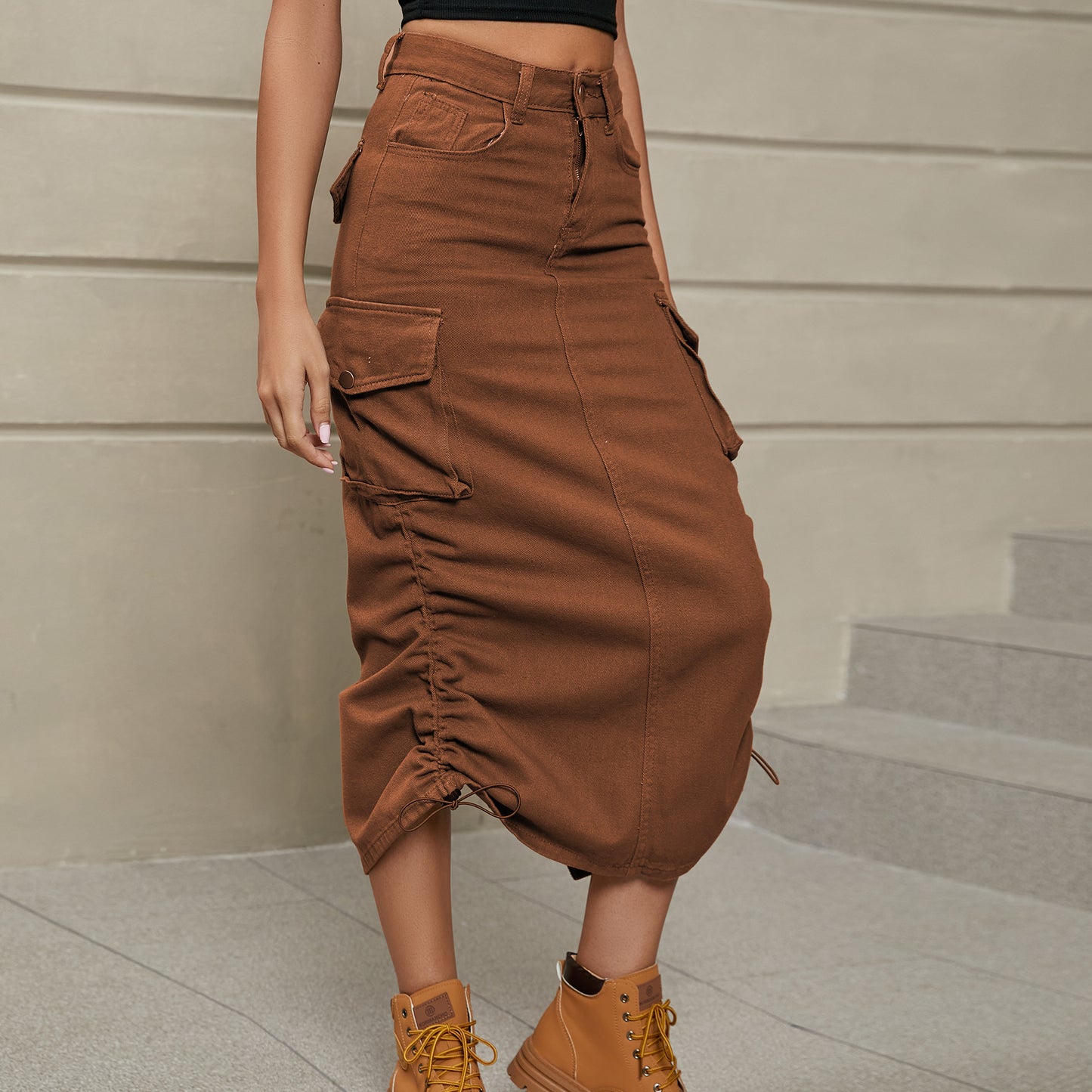 Stacey B's Drawstring Ruched Slit Denim Midi Skirt