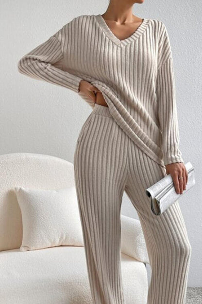 Stacey B's Ribbed V-Neck Top and Pants Set