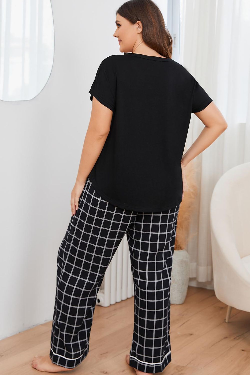 Stacey B's Plus Size V-Neck Top and Plaid Pants Lounge Set