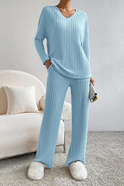 Stacey B's Ribbed V-Neck Top and Pants Set