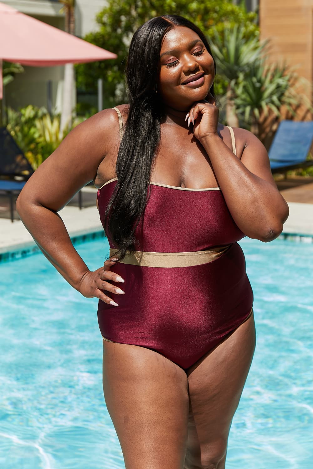 Stacey B's Marina West Swim Wave Break Contrast Trim One-Piece in Wine