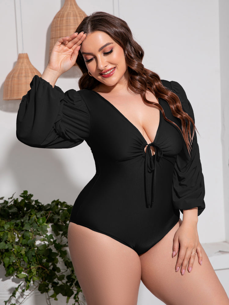 Stacey B's Plus Size Tied Deep V Balloon Sleeve One-Piece Swimsuit