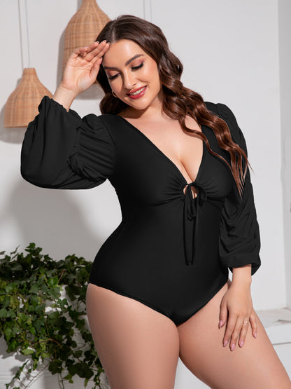 Stacey B's Plus Size Tied Deep V Balloon Sleeve One-Piece Swimsuit