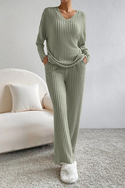 Stacey B's Ribbed V-Neck Top and Pants Set
