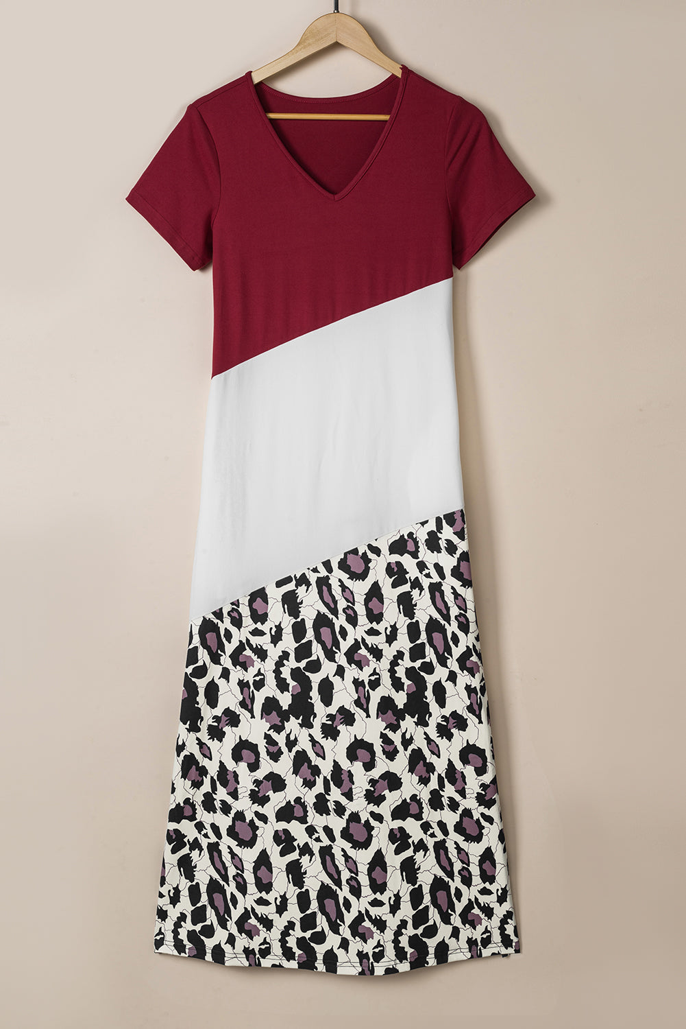 Stacey B's Fiery Red Leopard Color Block Side Slit T Shirt Maxi Dress