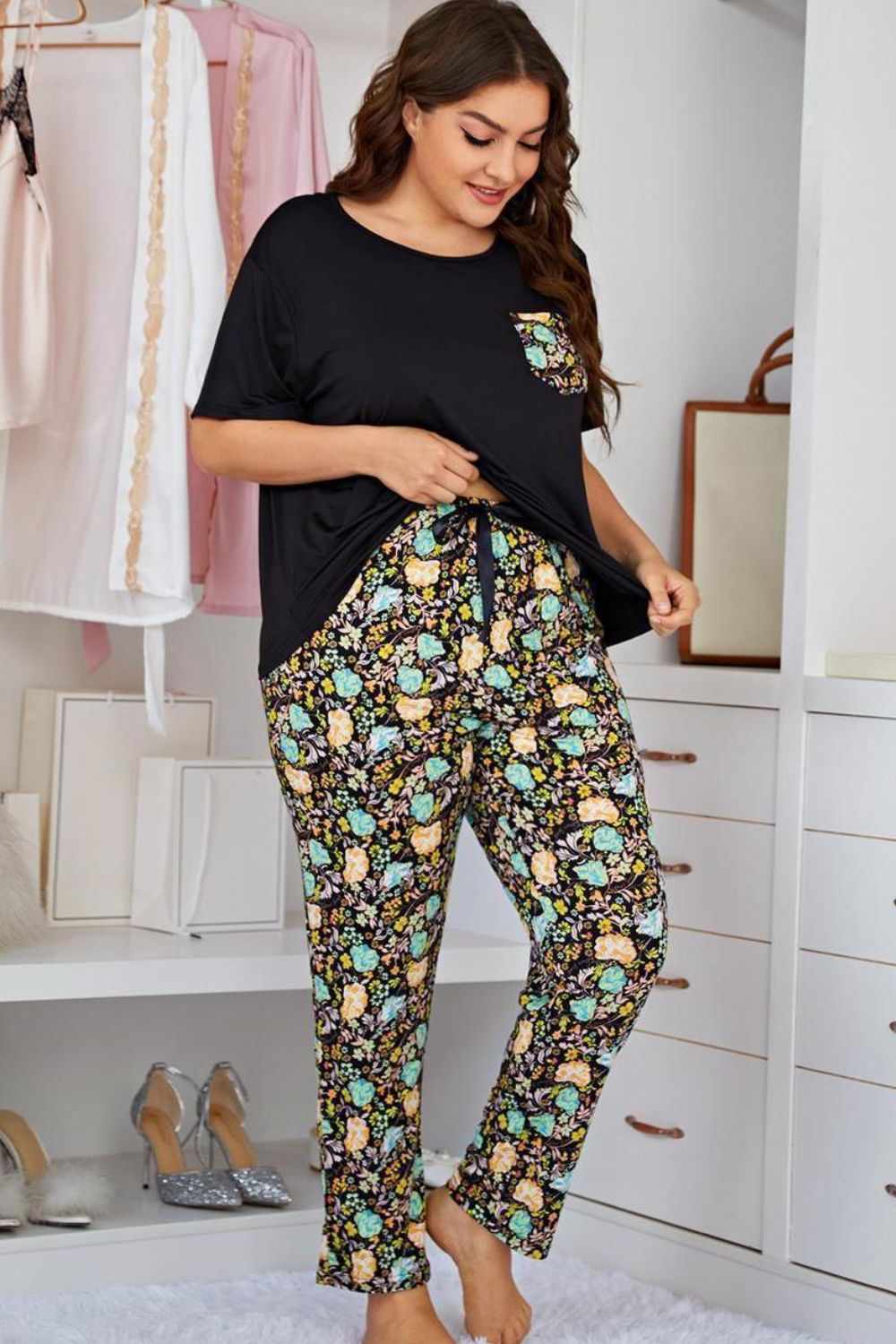 Stacey B's Plus Size Contrast Round Neck Tee and Floral Pants Lounge Set