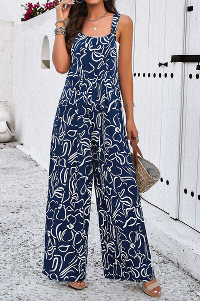 Stacey B's Printed Wide Strap Jumpsuit with Pockets