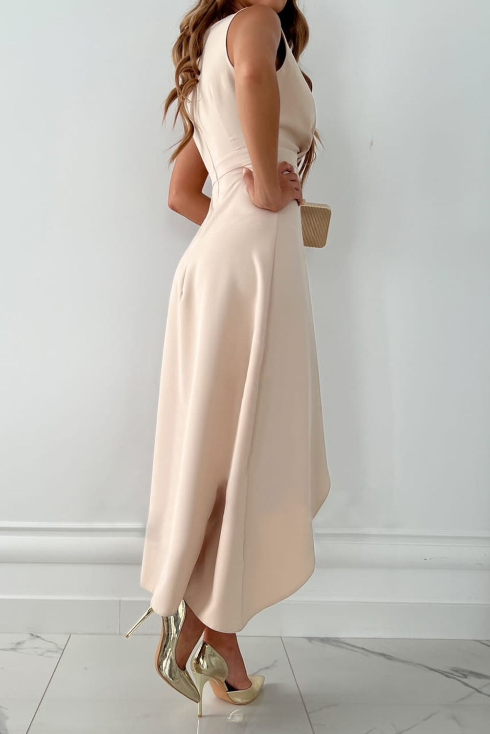 Stacey B's Apricot Surplice V Neck Frill Midi Dress with Slit