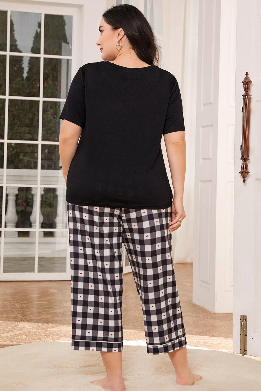 Stacey B's V-Neck Tee and Plaid Cropped Pants Lounge Set