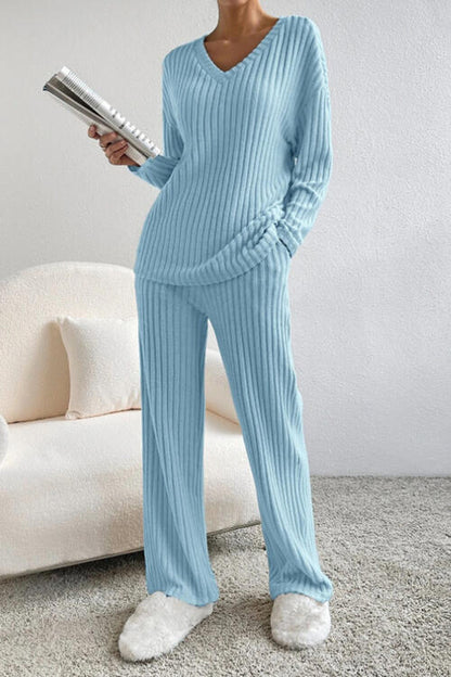 Stacey B's Ribbed V-Neck Top and Pants Set