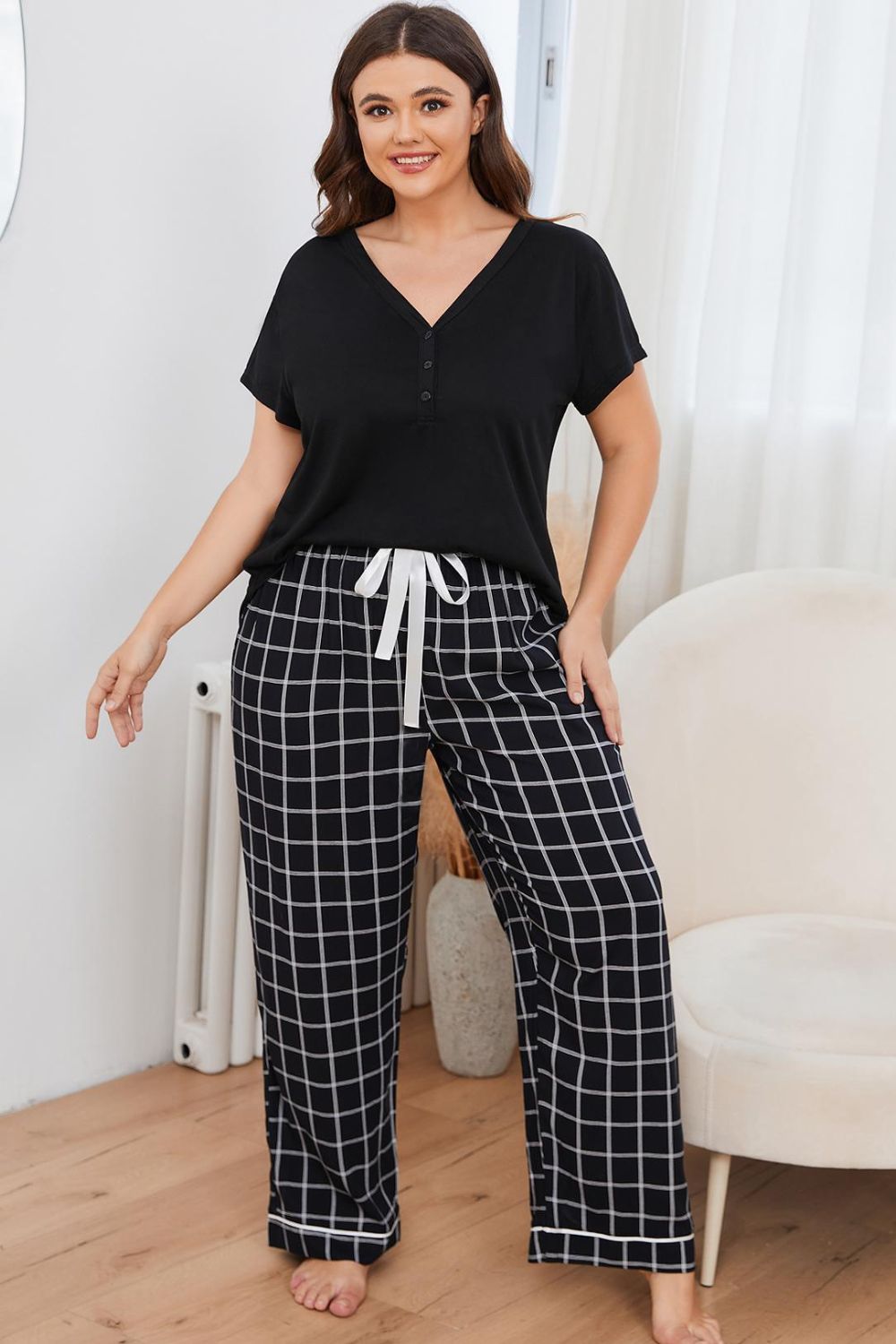 Stacey B's Plus Size V-Neck Top and Plaid Pants Lounge Set