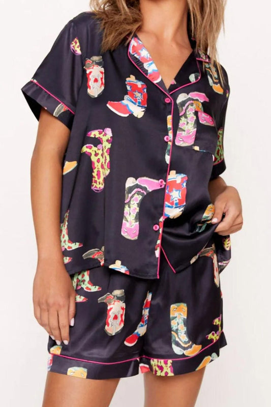 Stacey B's Printed Button Up Short Sleeve Top and Shorts Lounge Set