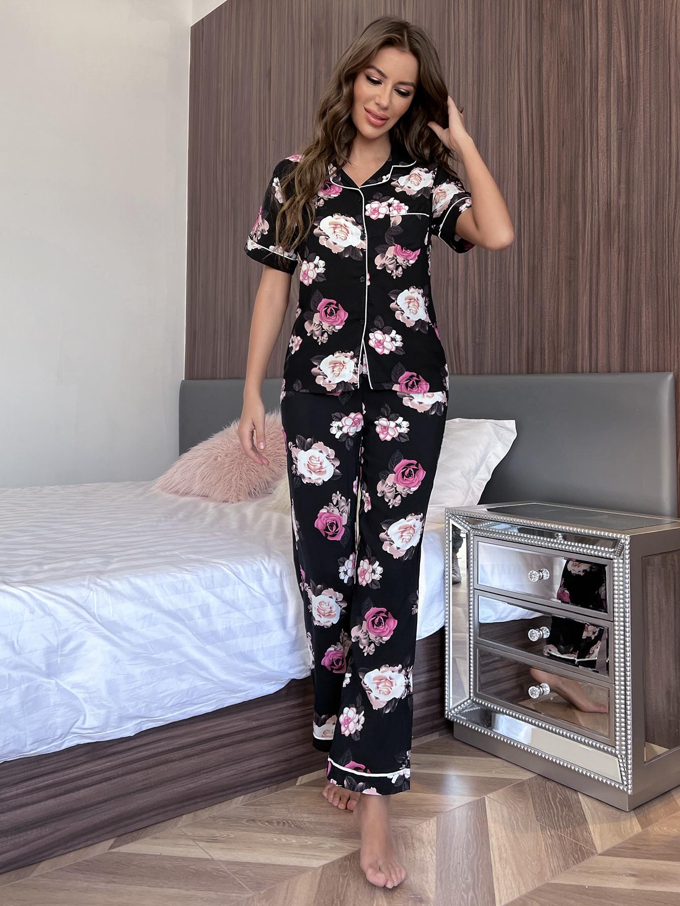 Stacey B's Floral Short Sleeve Shirt and Pants Lounge Set