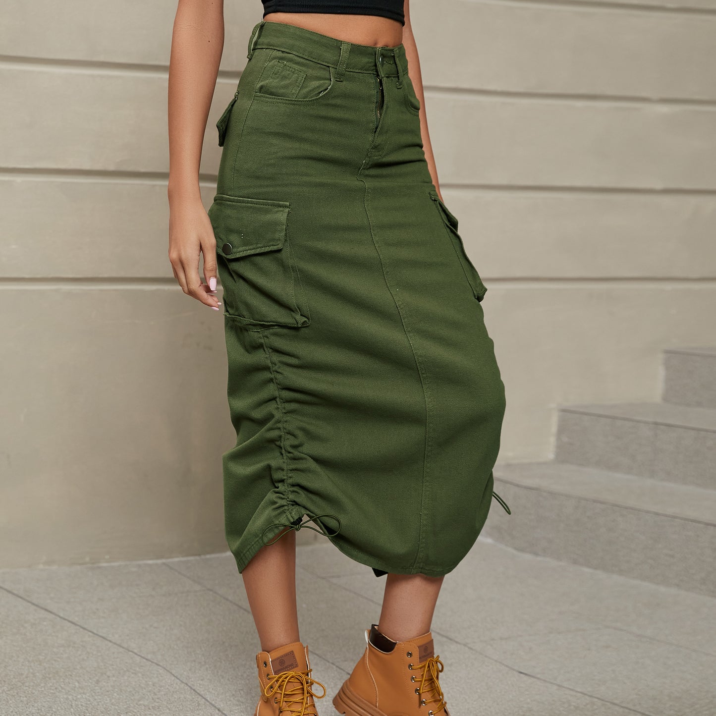 Stacey B's Drawstring Ruched Slit Denim Midi Skirt