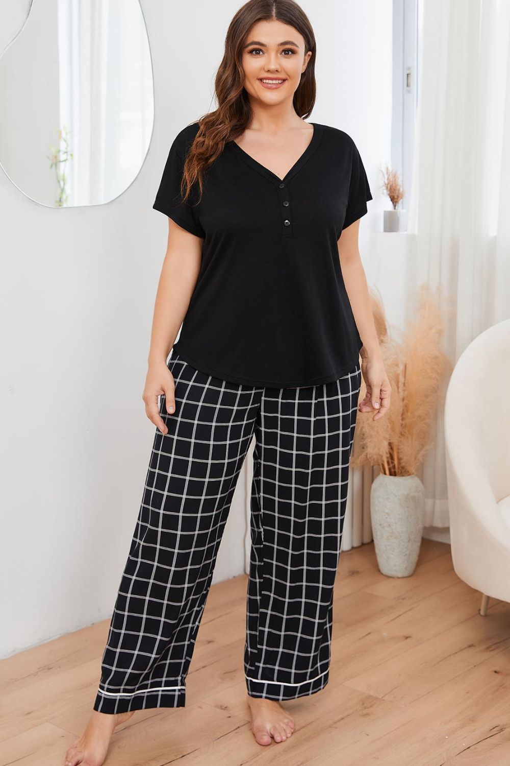 Stacey B's Plus Size V-Neck Top and Plaid Pants Lounge Set