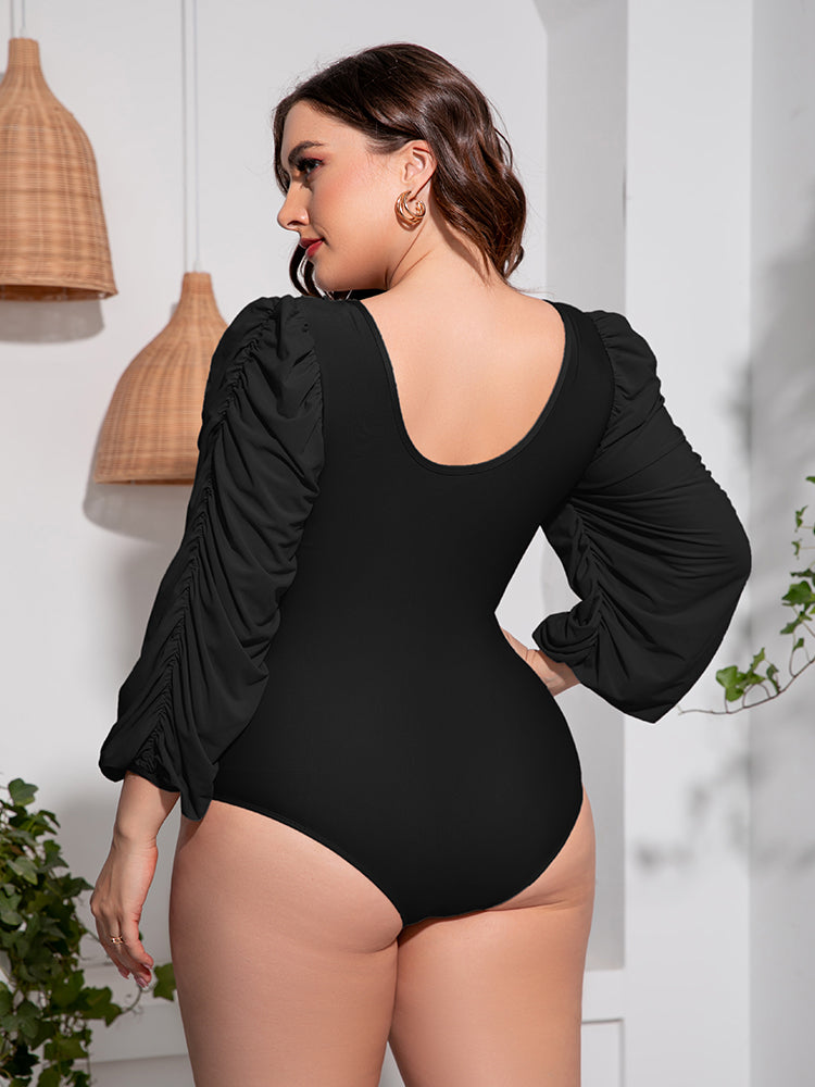 Stacey B's Plus Size Tied Deep V Balloon Sleeve One-Piece Swimsuit